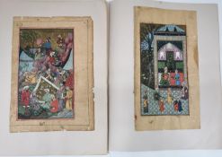 Two unframed 19th century gouache on paper miniatures, one depicting hunters gathering and camping