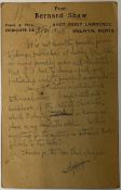 A personally printed correspondence card from George Bernard Shaw to Raymond Savage his literary