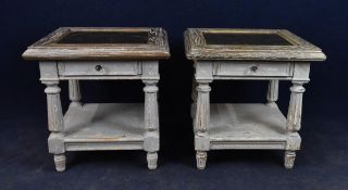 Lamp or bedside tables, a pair, distressed painted French style. H.61 W.60 D.60cm