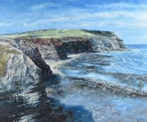 Acrylic on board, cliffs and stormy sea, signed G Riley. H.62 W.71cm.