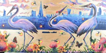An unframed acrylic painting, London cityscape with birds to the foreground, signed Oskar Laffont.
