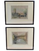 A pair of framed and glazed hand coloured etchings, Oxford and Cambridge college scenes, signed