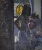 Bo Hilton (B.1961), oil on board, figure in an interior, signed. H.39 W.34cm