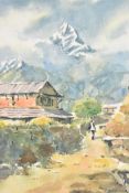 A framed and glazed watercolour, Nepalese landscape, indistinctly signed. H.67 W.50cm