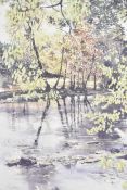 A framed and glazed watercolour, river scene, indistinctly signed. H.63 W.49.5cm