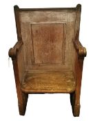 A late 19th century or early 20th century limed oak single church pew. H.121 W.70 D.67cm
