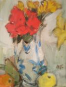 Gordon Bryce (b.1943), oil on board: Roses and Fresias, signed lower right with inscription to the