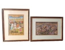 Two Indo-Persian miniature gouaches on paper, battle scenes. framed and glazed. H.29 W.40.5cm and