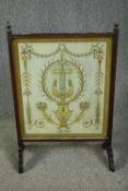 Firescreen, C.1900 mahogany framed double sided with applied classical style decoration, glazed. H.