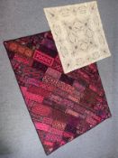 A vintage patchwork bed cover along with a vintage embroidered lace tablecloth. W.224cm x D.171cm (