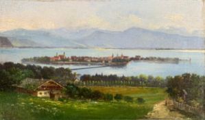 Oil on canvas, Continental school lake with town, indistinctly signed. H.23 W.39cm.