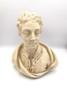 A late 18th century Turner bust of 'Addison', the white stoneware wears a loose robe over an open