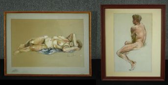 A framed and glazed pastel nude study signed Dennis Frost along with a similar male nude study. H.46