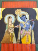 A framed and glazed 19th century Indian gouache on paper of 'Radha and Krishna', Krishna with a