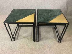 A pair of contemporary nests of lamp or occasional tables, each with marble and bronze tops on a