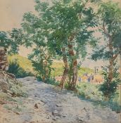 A framed and glazed watercolour, Continental school landscape, signed F Moro with inscribed label to