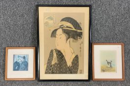 A vintage framed Japanese woodblock print along with two other framed and glazed prints. H.47 W.