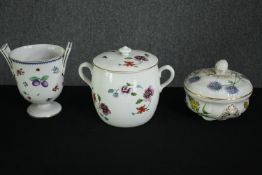 A Richard Ginori hand decorated urn along with two lidded pots, Spode and Royal Worcester. H.