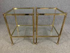 Lamp or occasional tables, a pair vintage style brass with plate glass tops and undertiers. H.56 W.