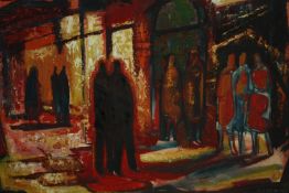 George Hutchins, oil on board, Evening Strollers, label to the reverse, signed. H.61 W.80cm.