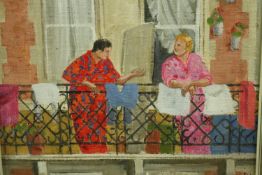 Oil on paper, a conversation on a balcony, monogrammed with gallery label attached to the back. H.31