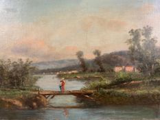 Oil on canvas, 19th century English school, figures in a landscape. H.28 W.40cm.