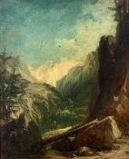 Oil on board, late 19th century mountainous landscape. H.45 W.40cm.
