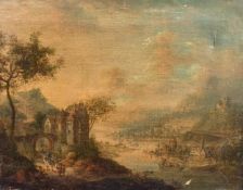 Oil on canvas, 19th century Continental school figures in a landscape. H.31 W.41cm.