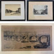 Three framed and glazed etchings, early 20th century, Waterloo Bridge, lakescape and a riverscape,