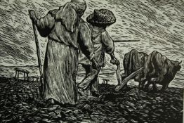 A framed and glazed woodblock print, Central American farmers, indistinctly signed in pencil. H.53