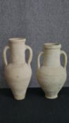 Two terracotta amphoras in the antiquity style. H.44cm. (largest). (Some damage to one as seen).