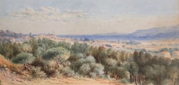 An early 20th century watercolour, landscape with San Raphael in the distance, monogrammed with