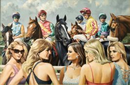 Roy Miller (b.1938), British, oil on canvas titled 'Silks and Scandals', depicting ladies day at the