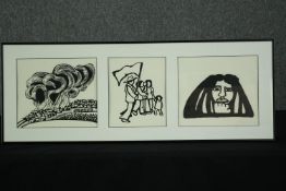 A contemporary central American triptych print, framed and glazed. H.34 W.91cm.