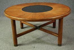 A mid century Danish teak coffee table by Bernhard Pederson with glass inset central section. H.46