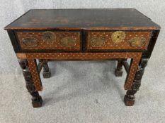 A late 17th century Indo - Portuguese side table with ivory and ebony inlay, pierced brass handles