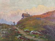 Oil on panel, cabin and figure in an Alpine setting, indistinctly signed. H.36 W.46cm.