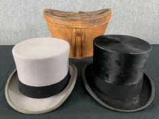A Lock and Co. silk top hat in leather case and a Christy's wool top hat, size 7. Dia.20cm (largest)