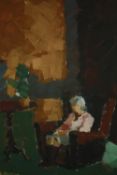 Edmund Perini (1922-1991), oil on board, a seated figure in an interior, signed. H.64 W.54cm.