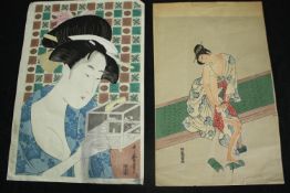 Two early 20th century Japanese woodblock prints. H.40 W.28cm. (largest).
