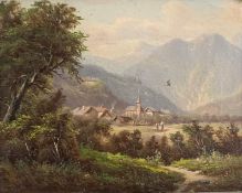 Oil on canvas, 19th century Continental school village with figures in a landscape. H.37cm x W.43cm