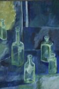 Oil on canvas, still life study, bottles reflected in a mirror. H.92 W.92cm.