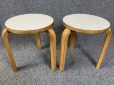 A pair of mid century Alvar Aalto stools, model 60, stamped to base, possibly it reads Finmar