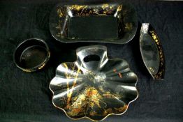 A collection of 19th century Japan lacquered bowls with gilded decoration. L.37 W.23cm. (largest).