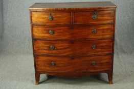 Chest of drawers, Georgian bowfronted mahogany on splay bracket feet. H.106 W.106 D.54cm.