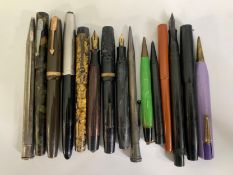 A miscellaneous collection of fifteen vintage fountain pens and mechanical pencils, to include Mabie