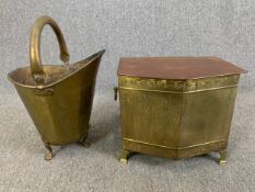 A 19th century brass swing handled coal helmet and a mid century brass coal box. H.53 D.34cm (