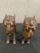 A pair of Benin bronze style cat figures. H.14 W.5 D.15cm (largest).