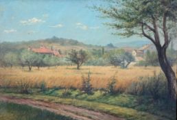 Oil on canvas, Mediterranean olive grove with distant hills, early 20th century, gilt framed. H.48cm