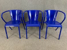 Three retro styled metal armchairs with Adico maker's plaque. H.69 W.50 D.55cm
